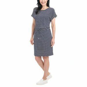 NWT Hilary Radley Womens Short Sleeve Dress Size L Indigo/Off White $60 D185